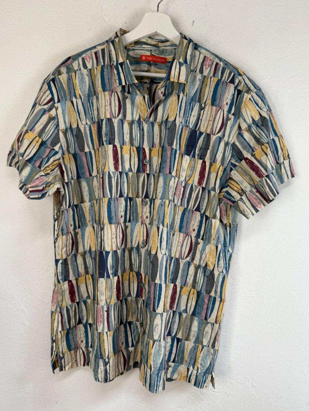 TORI RICHARD Mens Board Room Surfboard Print Aloha Shirt Cotton Lawn Coastal XL